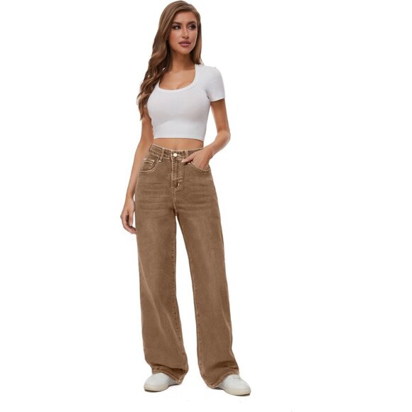 Women High Waist Wide Leg Jeans Boyfriends Stretch Trousers Denim Pants - Picture 2 of 6